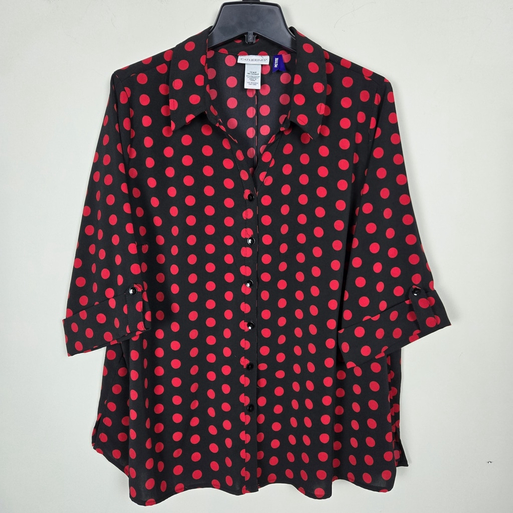 Catherines Womens 3/4 Sleeve Button Up Top 1XW Petite Black Office Career Mature